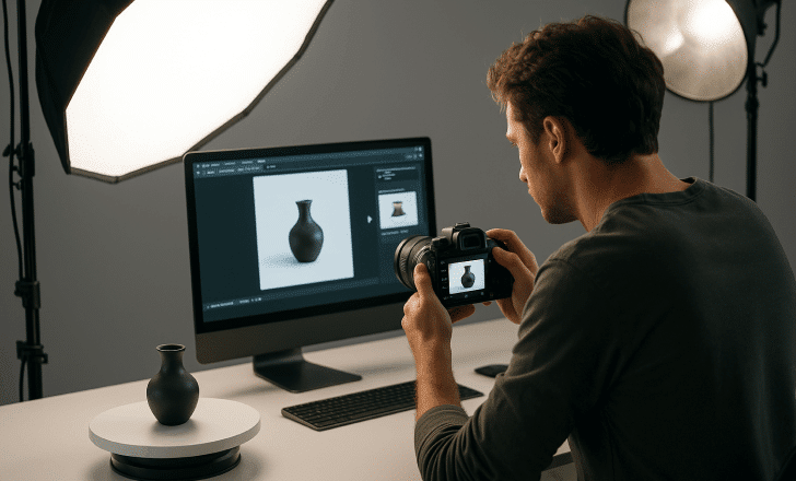 Photographer capturing multiple angles of a vase on a turntable under professional studio lighting