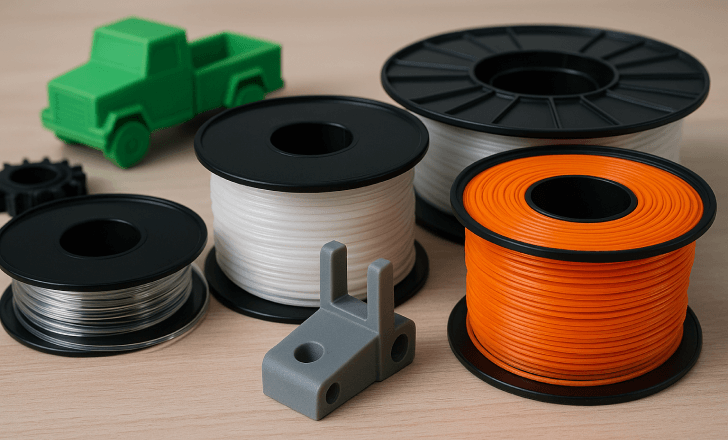 Several spools of 3D printing filament in different colors and materials arranged on a desk, with small printed objects nearby.