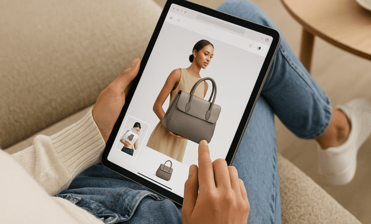 Shopper viewing a 3D handbag on a tablet in an online store.