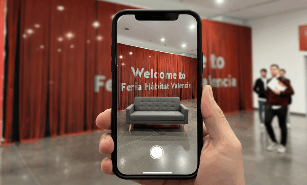 Un smartphone en primer plano muestra en pantalla un sofá en realidad aumentada, con la escena real de fondo ligeramente desenfocada.