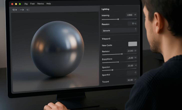 Artist enhancing lighting and materials to improve 3D model realism.