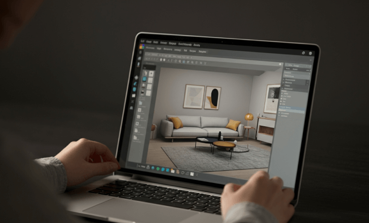 Designer adjusting a 3D model of a living room layout on a laptop using RealityMAX software, testing different furniture arrangements.