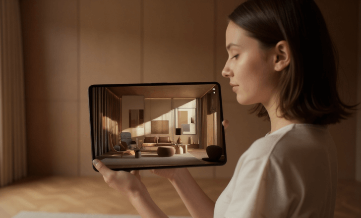 Furniture designer reviewing a digital plan with 3D models, material lists, and cut lists on a tablet, collaborating with a client in real time